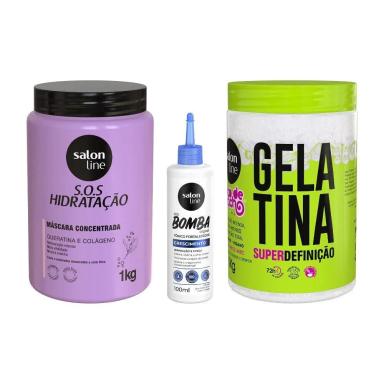 KIT COM GELATINA SUPER DEFINIçãO E TôNICO FORTALECEDOR E MáSCARA BIO-RECONSTRUçãO SALON LINE