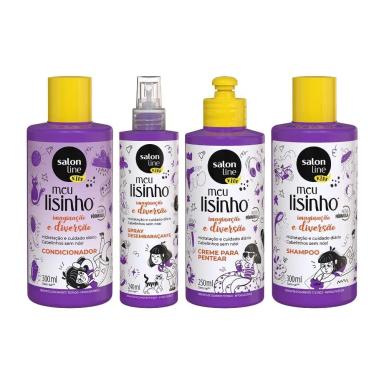 KIT KIDS COM SHAMPOO E CONDICIONADOR E CREME PARA PENTEAR E SPRAY DESEMBARAçANTE MEU LISINHO SALON LINE