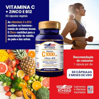 Vitamina C 1000 mg + Zinco e B12 Vitgold 60 Cápsulas