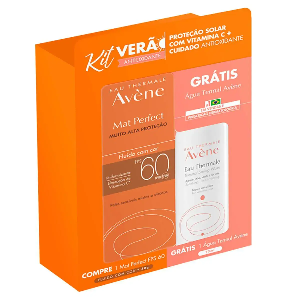 Kit Verão Avène Protetor Solar Facial Mat Perfect Fluido com Cor FPS 60 + Água Termal