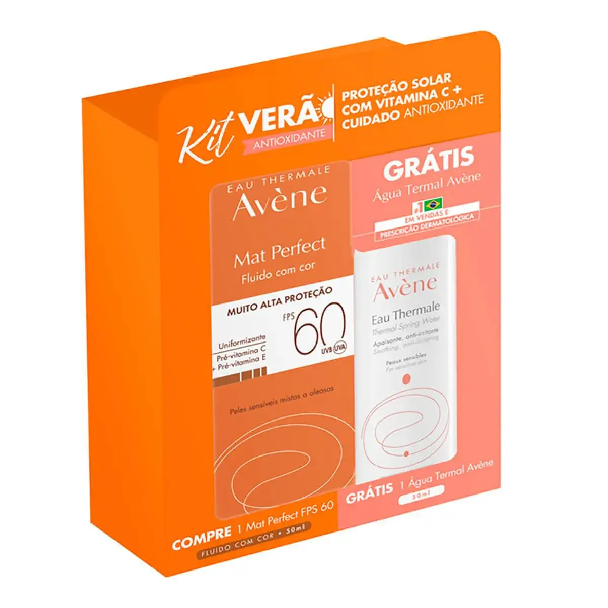 Kit Verão Avène Protetor Solar Facial Mat Perfect Fluido com Cor FPS 60 Uniformizante com 50ml + Água Termal com 50ml