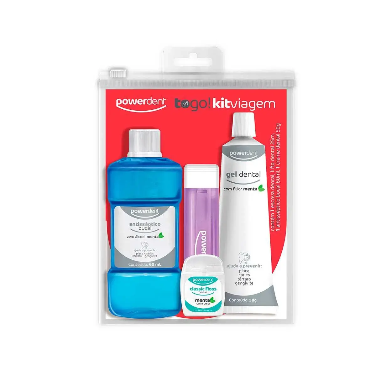 Kit de Viagem Powerdent com 1 Escova de Dente + 1 Fio Dental + 1 Pasta de Dente + 1 Enxaguante Bucal