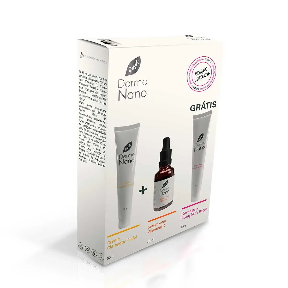 Kit DermoNano Creme Sérum Facial Vitamina C + Clareador Facial + Creme Redução de Rugas