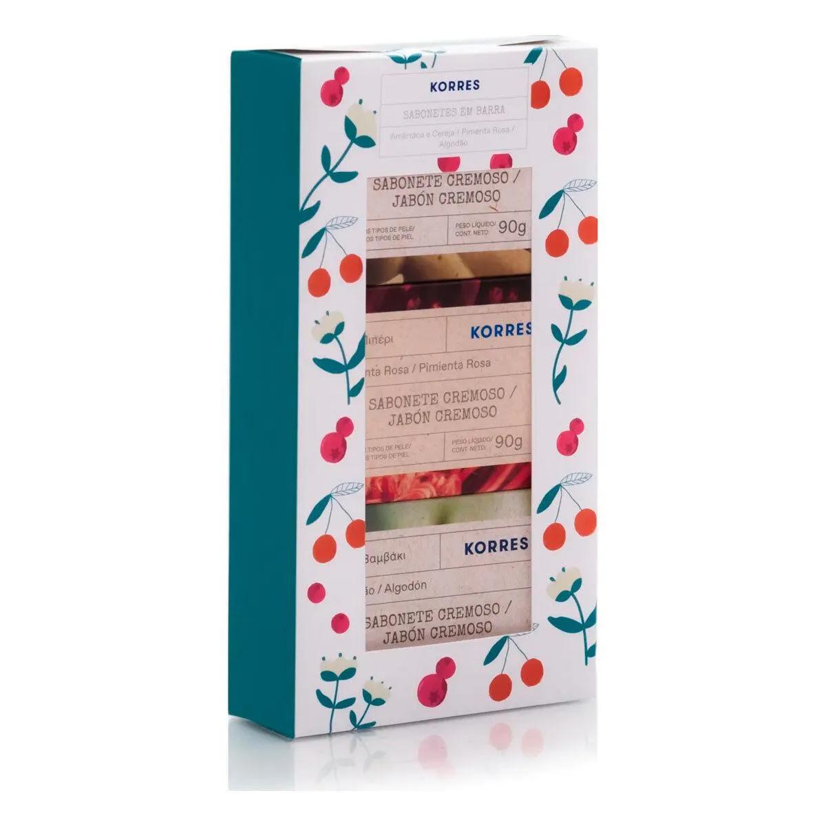Kit Presente Korres Sabonetes em Barra Amêndoa e Cereja, Pimenta Rosa e Algodão 3 unidades com 90g cada