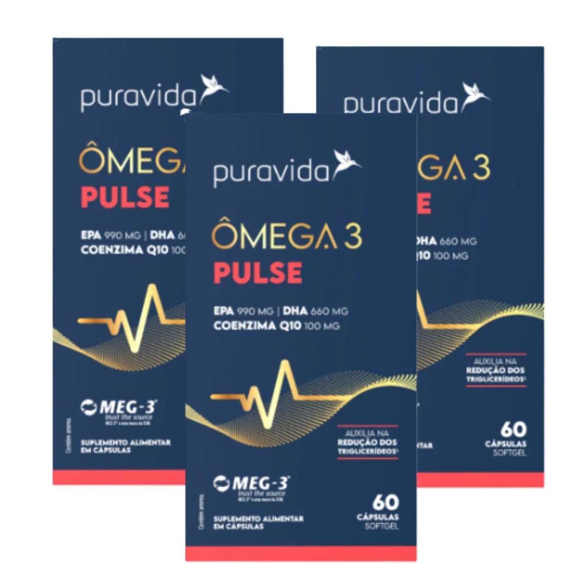 KIT 3 ÔMEGA 3 PULSE EPA DHA + COENZIMA Q10 PURAVIDA SEM Sabor