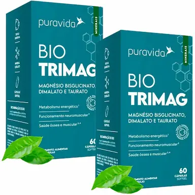 KIT 2X BIO TRIMAG - MAGNéSIO BISGLICINATO + DIMALATO + TAURATO - 60 CAPS  CADA - PURA VIDA